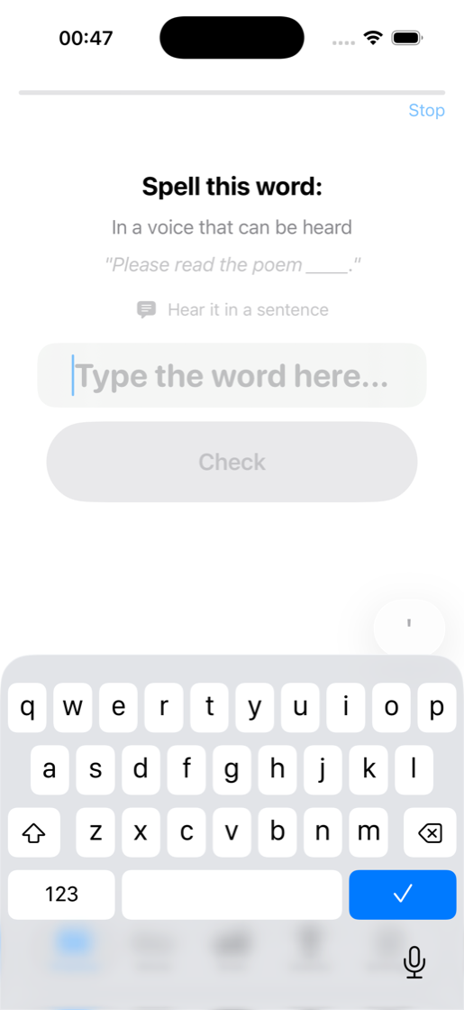 SpellStar practice session showing a spelling prompt with definition, example sentence, and text input